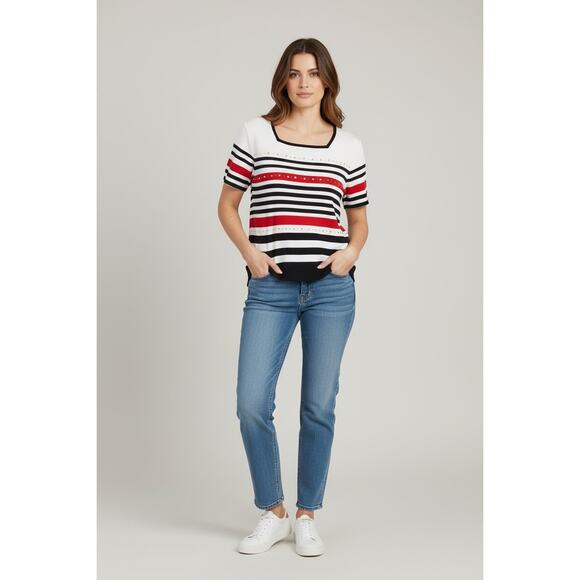 Alfred Dunner Red & Blue Stripe Knit Blouse Square Neck Women's Size Medium - Picture 6 of 6